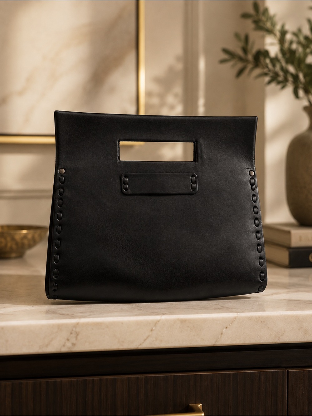 Purse & Clutch Sustainable Black Leather Clutch Cutout Handle Minimalist